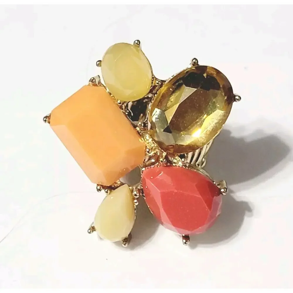Colorful Lucite Sretch Ring Fashion‎ Orange, Red, Yellow, Gold-tone r-12